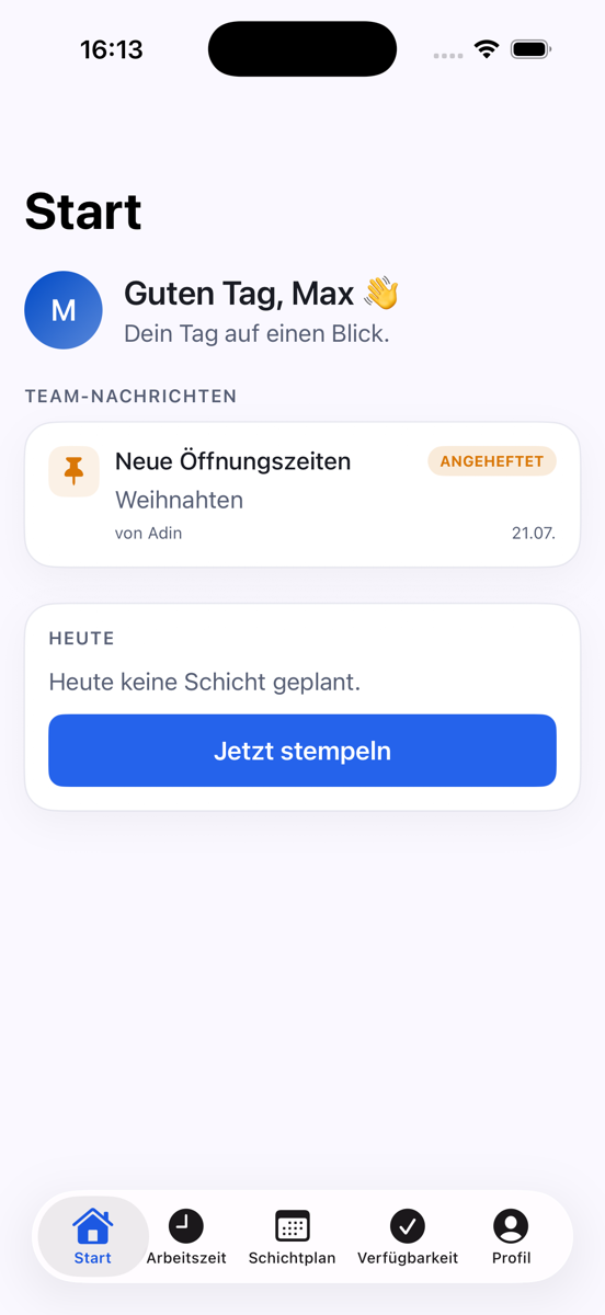Olbrio Mitarbeiter-App mit Team-Nachrichten, Schichtplan und mobiler Zeiterfassung